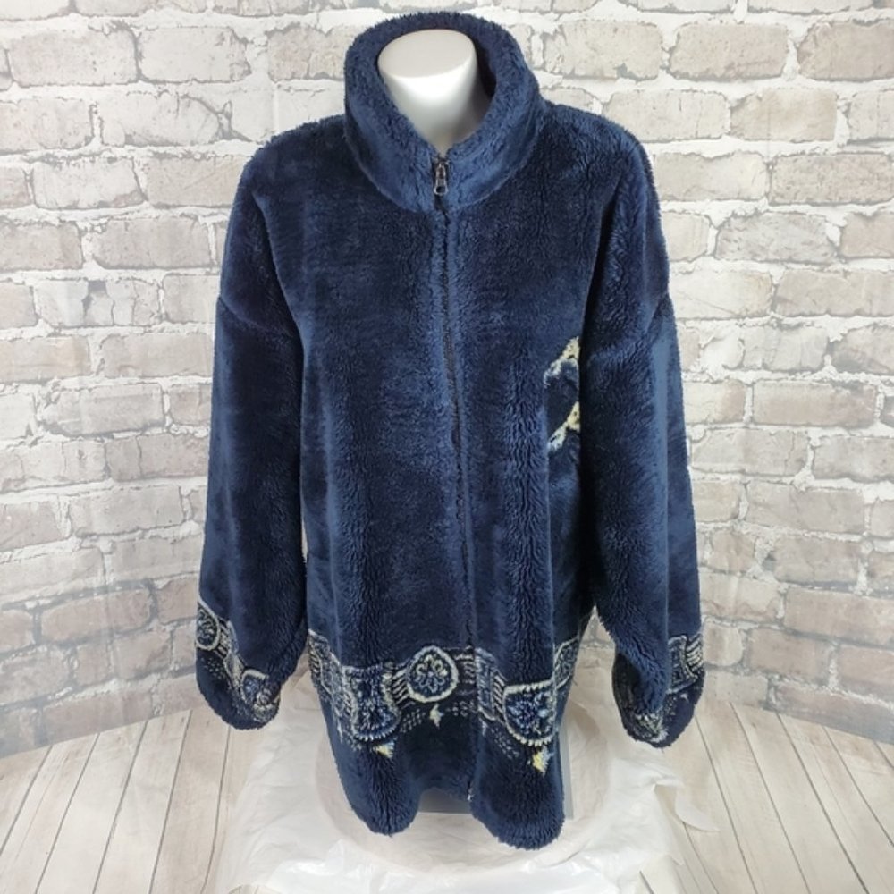 Vintage 80s Bear Ridge Plush Faux Fur Micro Plush Horses Jacket Navy Blue XL